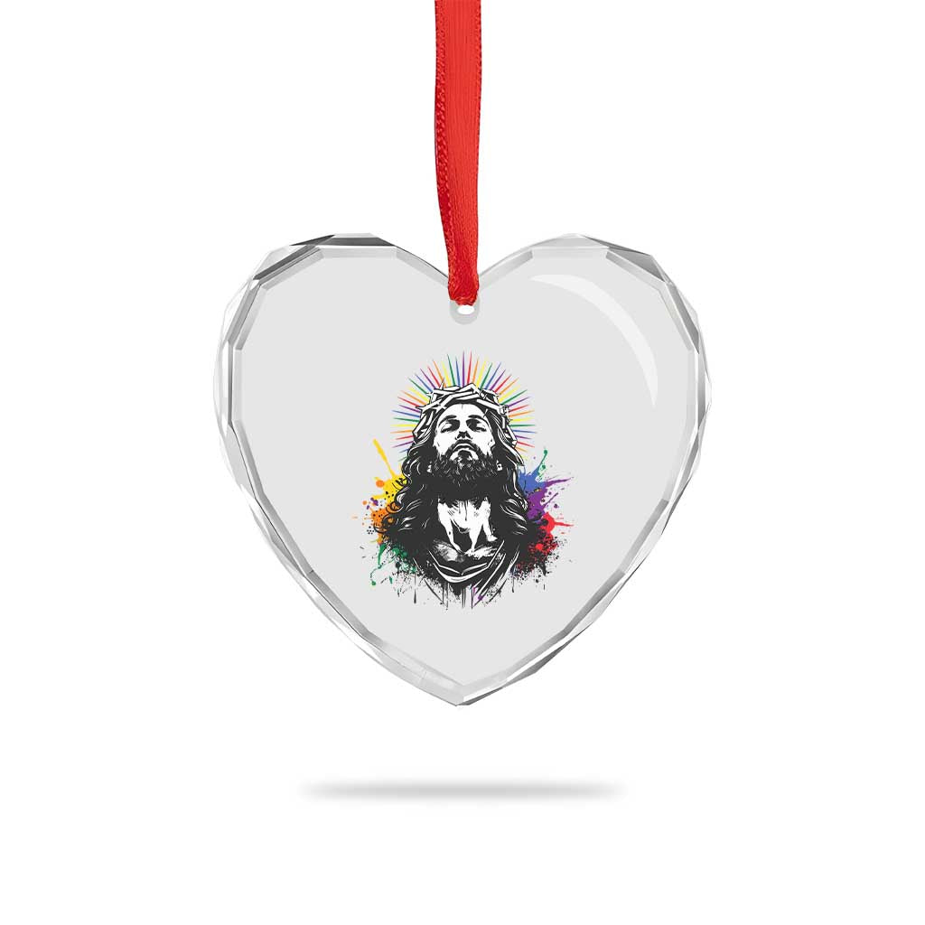 Funny LGBT Gay Pride Jesus Rainbow Flag Christian Heart Crystal Glass Ornament - Wonder Print Shop