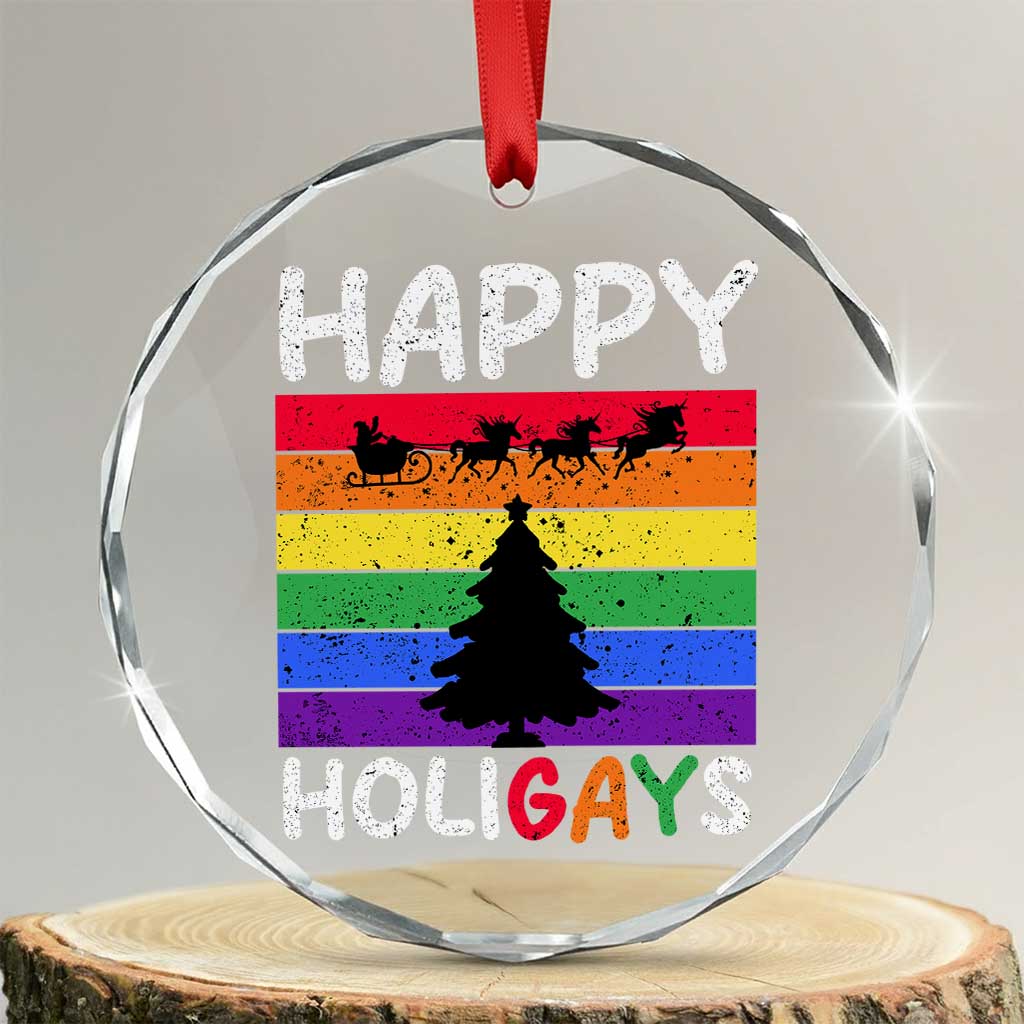 Funny LGBT Xmas Crystal Glass Ornament Happy Holigays Rainbow Stripes Unicorn Santa TS11