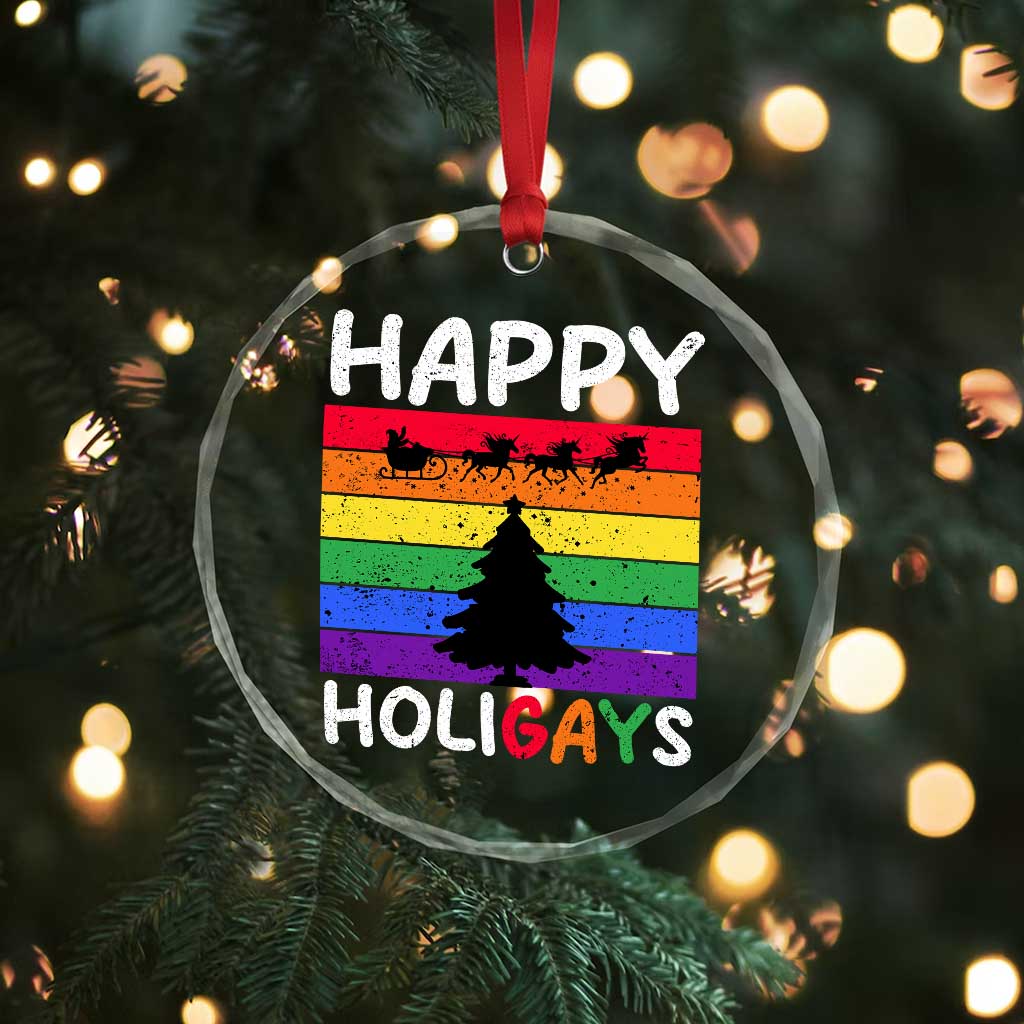 Funny LGBT Xmas Crystal Glass Ornament Happy Holigays Rainbow Stripes Unicorn Santa TS11