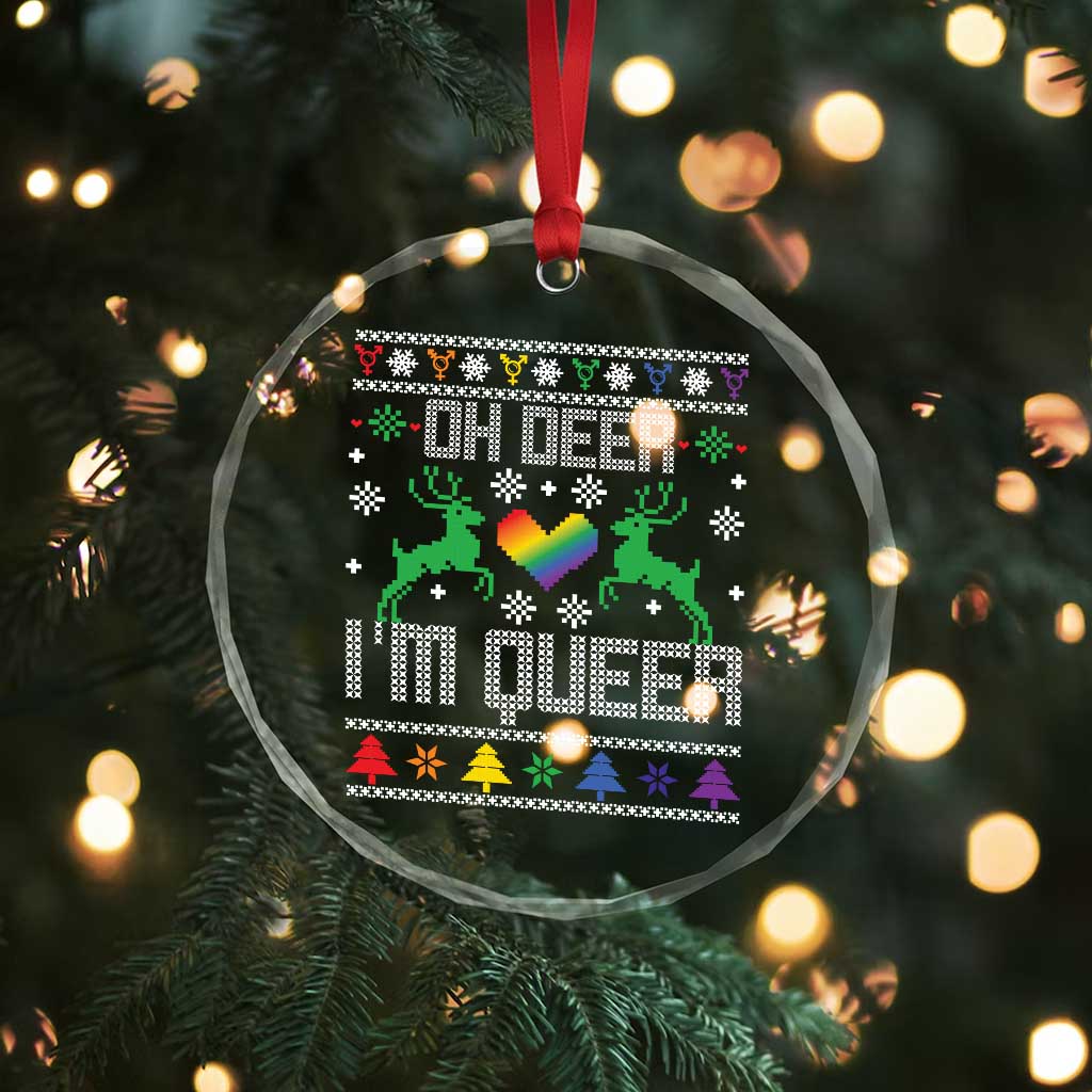 Funny LGBT Xmas Crystal Glass Ornament Oh Deer I'm Queer Rainbow LGBT Flag TS11