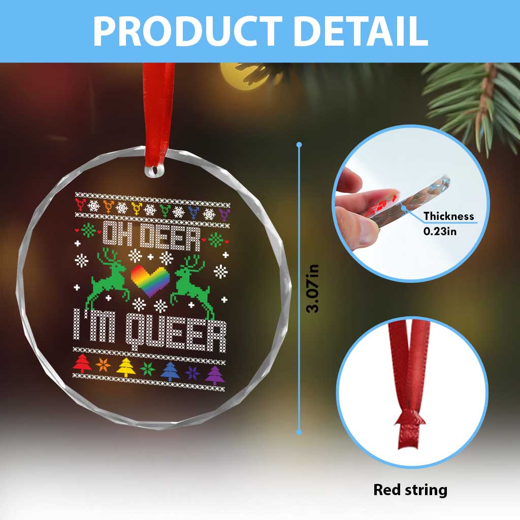 Funny LGBT Xmas Crystal Glass Ornament Oh Deer I'm Queer Rainbow LGBT Flag TS11