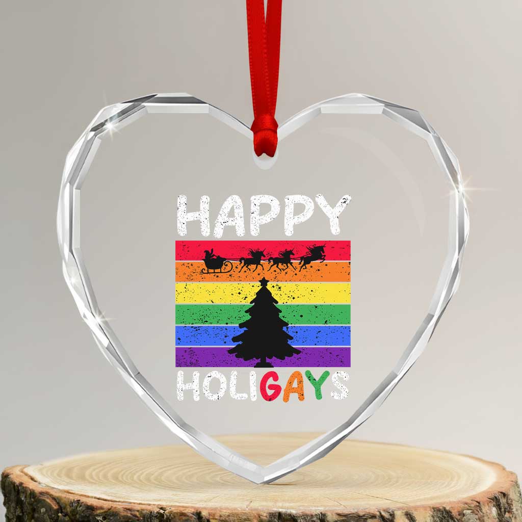 Funny LGBT Xmas Heart Crystal Glass Ornament Happy Holigays Rainbow Stripes Unicorn Santa - Wonder Print Shop