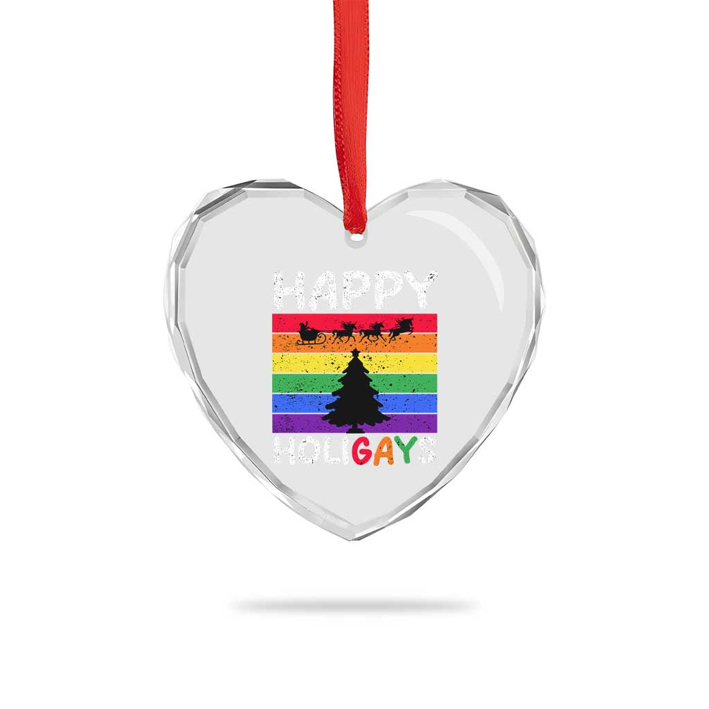 Funny LGBT Xmas Heart Crystal Glass Ornament Happy Holigays Rainbow Stripes Unicorn Santa - Wonder Print Shop