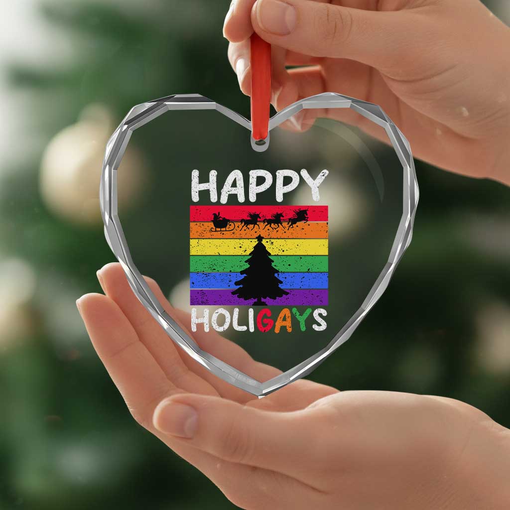 Funny LGBT Xmas Heart Crystal Glass Ornament Happy Holigays Rainbow Stripes Unicorn Santa - Wonder Print Shop