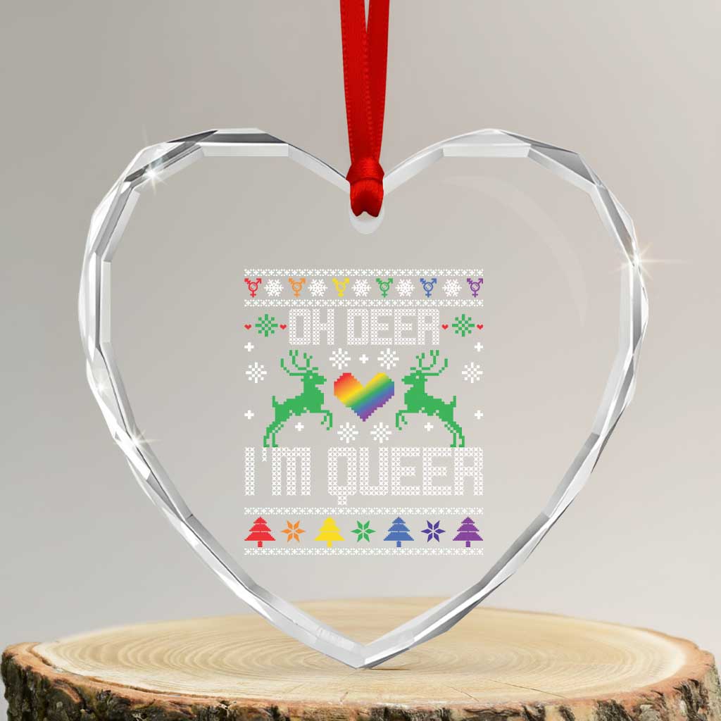 Funny LGBT Xmas Heart Crystal Glass Ornament Oh Deer I'm Queer Rainbow LGBT Flag - Wonder Print Shop