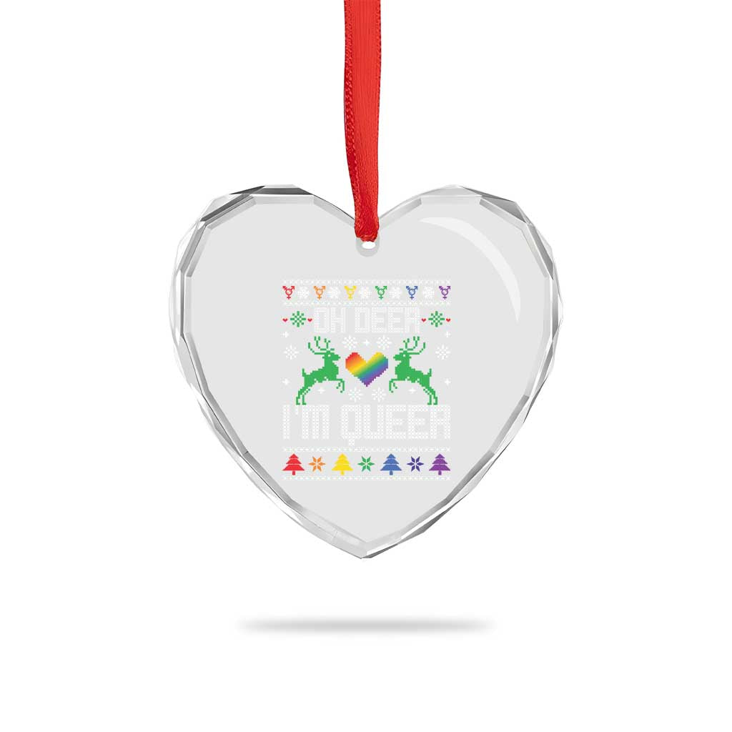 Funny LGBT Xmas Heart Crystal Glass Ornament Oh Deer I'm Queer Rainbow LGBT Flag - Wonder Print Shop