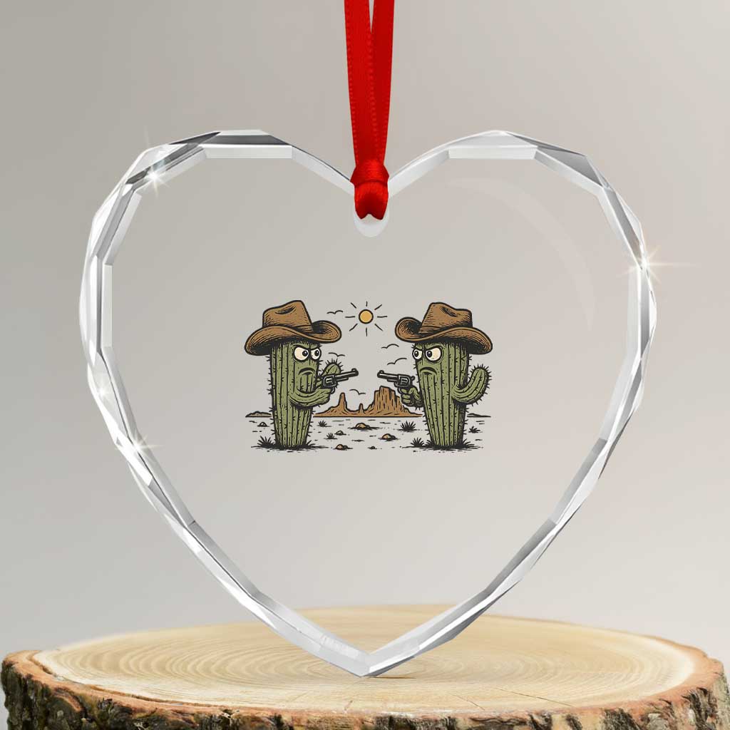 Funny Lone Star Cactus Cowboy Gunfight Gift Heart Crystal Glass Ornament - Wonder Print Shop