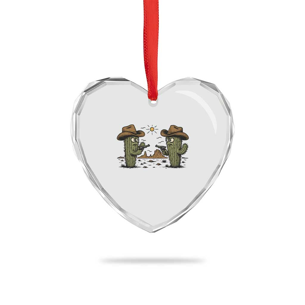Funny Lone Star Cactus Cowboy Gunfight Gift Heart Crystal Glass Ornament - Wonder Print Shop