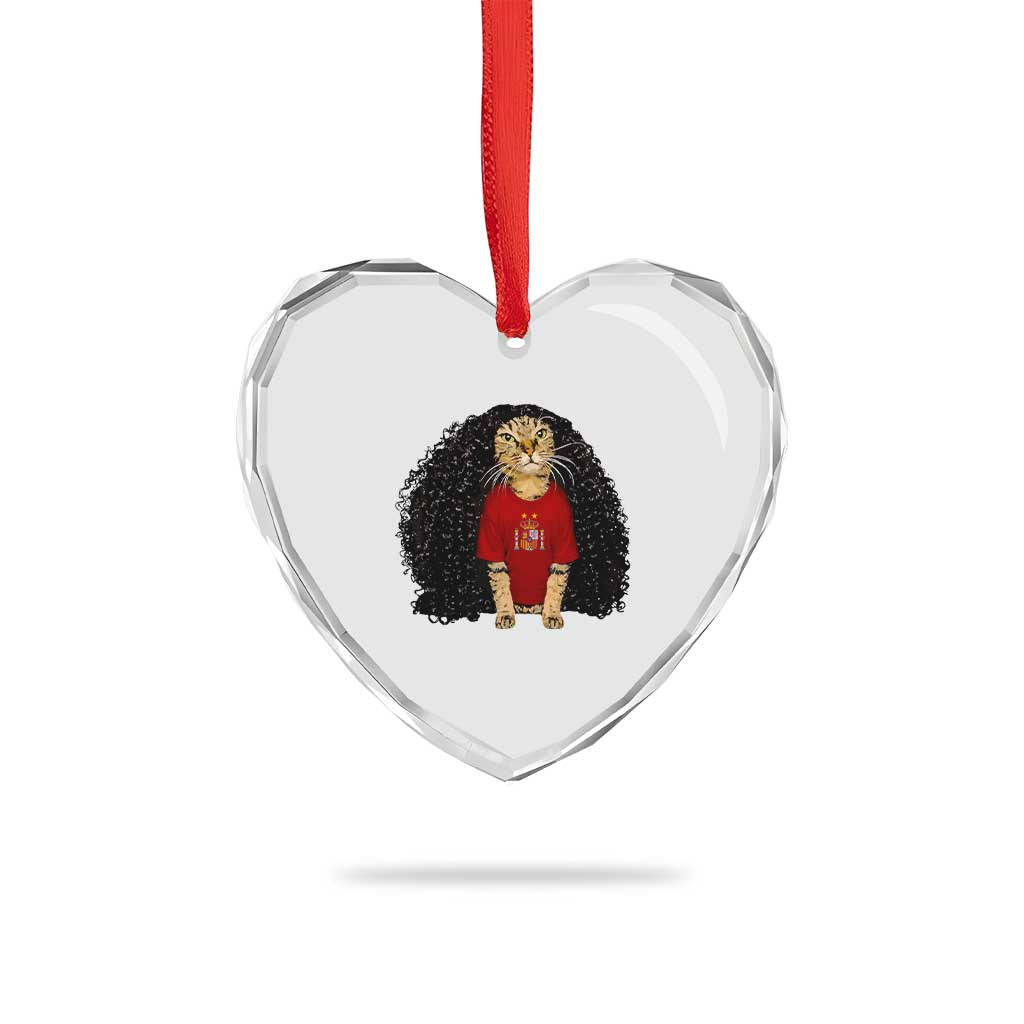 Funny Long Curly Hair Wig Soccer Cat Graphic Heart Crystal Glass Ornament Spain Espana Sports Fans Meme Spanish Pride