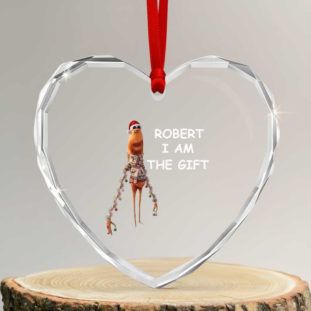 Funny Marcus the Worm in Ugly Christmas Sweater Heart Crystal Glass Ornament Robert I Am the Gift Meme Holiday Humor - Wonder Print Shop