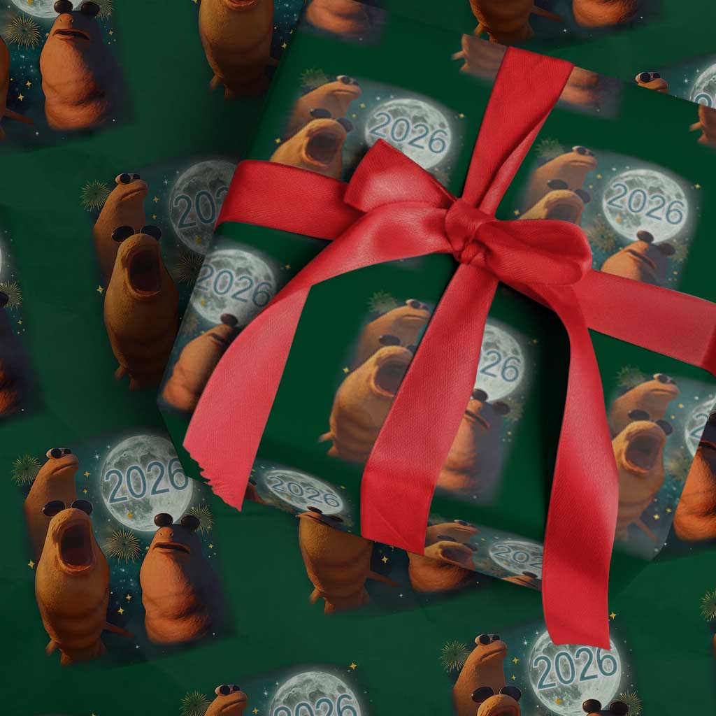Funny Marcus The Worm New Year Wrapping Paper Roll Happy New Year 2026 Moon NYE Party - Wonder Print Shop