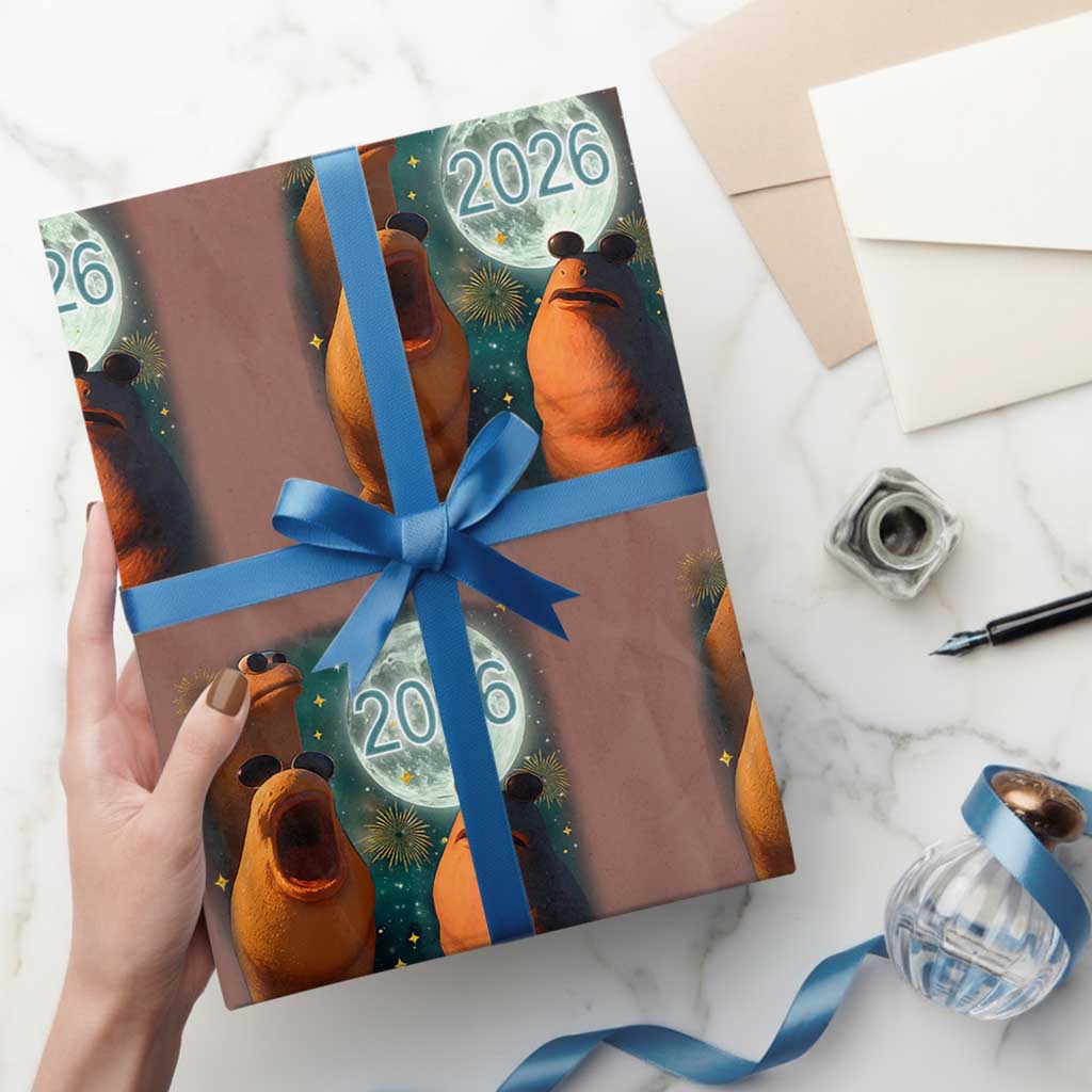 Funny Marcus The Worm New Year Wrapping Paper Roll Happy New Year 2026 Moon NYE Party - Wonder Print Shop