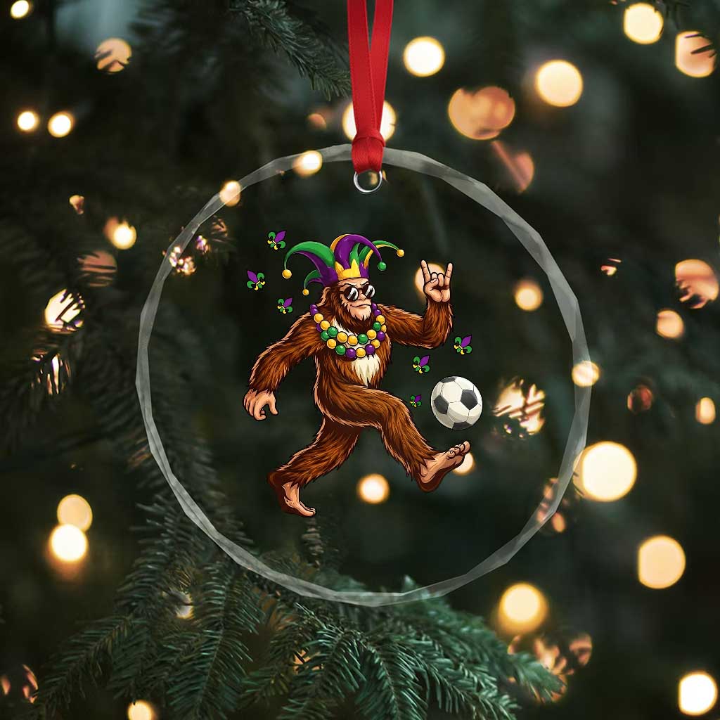 Funny Mardi Gras Bigfoot Playing Soccer Crystal Glass Ornament Football Fan Gift