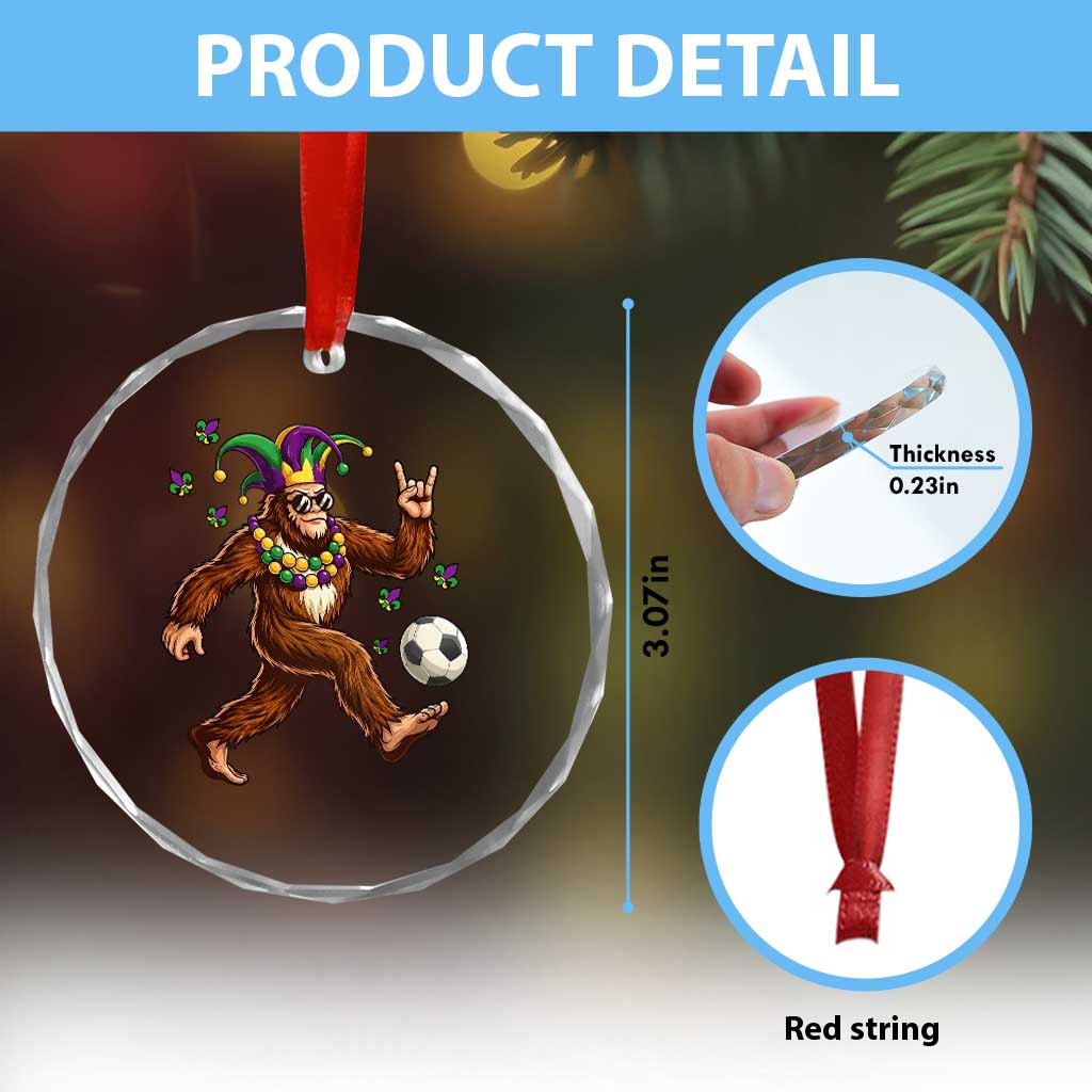 Funny Mardi Gras Bigfoot Playing Soccer Crystal Glass Ornament Football Fan Gift