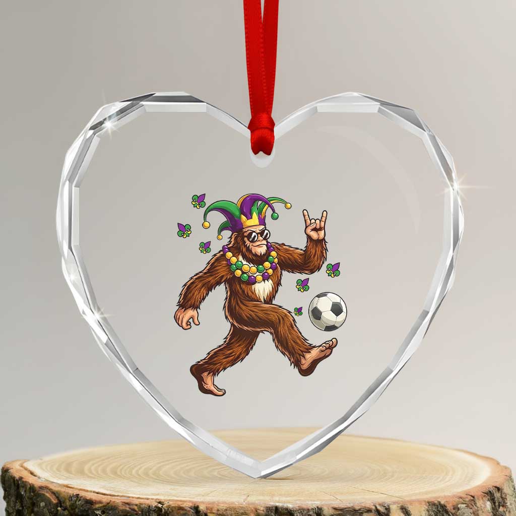 Funny Mardi Gras Bigfoot Playing Soccer Heart Crystal Glass Ornament Football Fan Gift