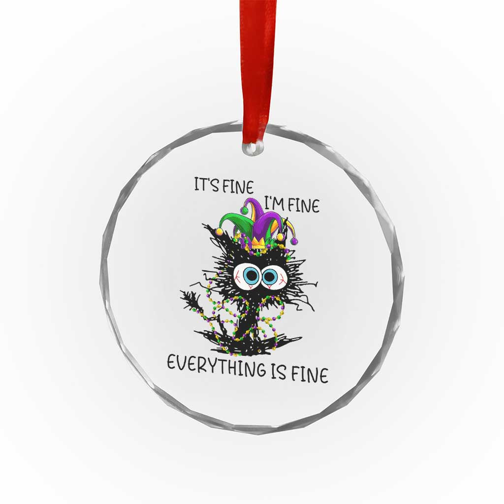 Funny Mardi Gras Cat Crystal Glass Ornament It's Fine I'm Fine Everything Is Fine Jester Hat Beads