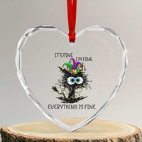 Funny Mardi Gras Cat Heart Crystal Glass Ornament It's Fine I'm Fine Everything Is Fine Jester Hat Beads