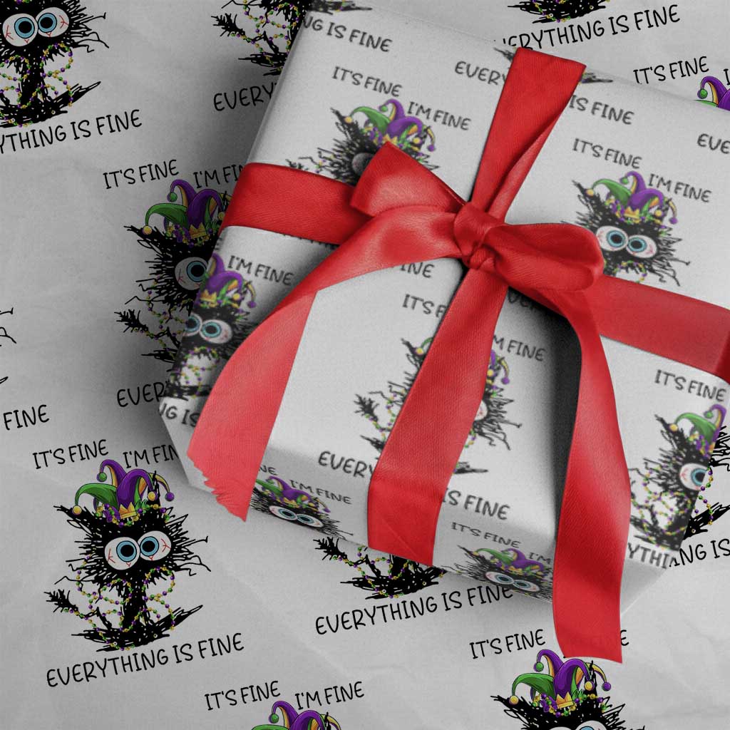 Funny Mardi Gras Cat Wrapping Paper Roll It's Fine I'm Fine Everything Is Fine Jester Hat Beads