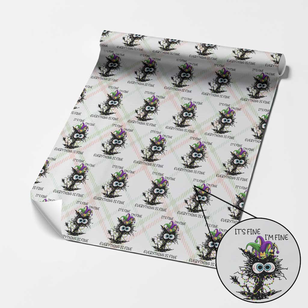 Funny Mardi Gras Cat Wrapping Paper Roll It's Fine I'm Fine Everything Is Fine Jester Hat Beads