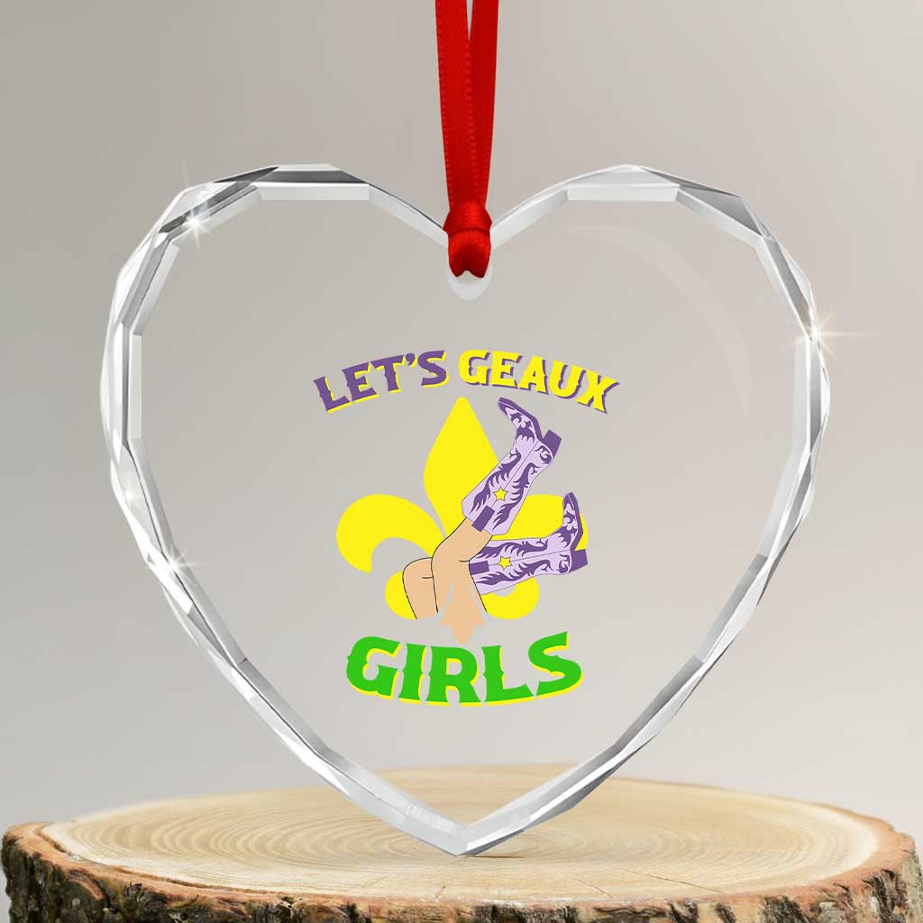 Funny Mardi Gras Cowgirl Heart Crystal Glass Ornament Let's Geaux Girls Fleur De Lys