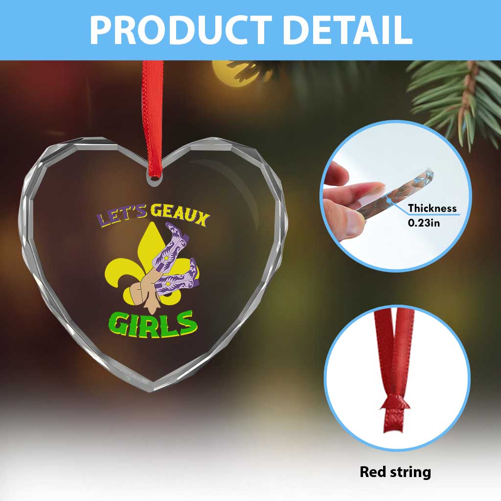 Funny Mardi Gras Cowgirl Heart Crystal Glass Ornament Let's Geaux Girls Fleur De Lys
