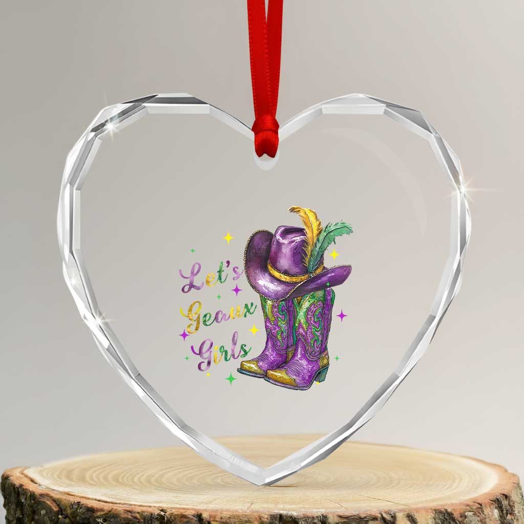 Funny Mardi Gras Cowgirl Heart Crystal Glass Ornament Let's Geaux Girls Western Cowgirl Boots Carnival