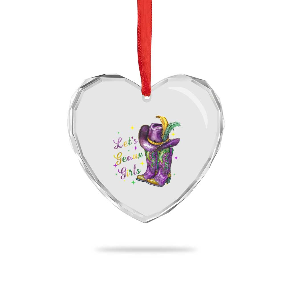 Funny Mardi Gras Cowgirl Heart Crystal Glass Ornament Let's Geaux Girls Western Cowgirl Boots Carnival