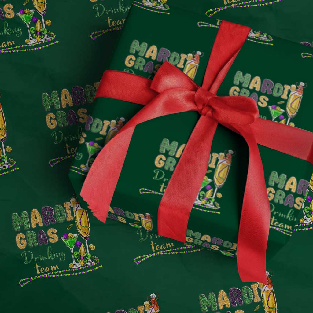 Funny Mardi Gras Drinking Team Wrapping Paper Roll Cocktails Wine Crawfish Beads Glitter Print