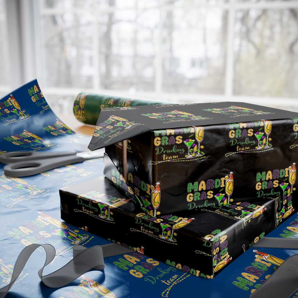 Funny Mardi Gras Drinking Team Wrapping Paper Roll Cocktails Wine Crawfish Beads Glitter Print