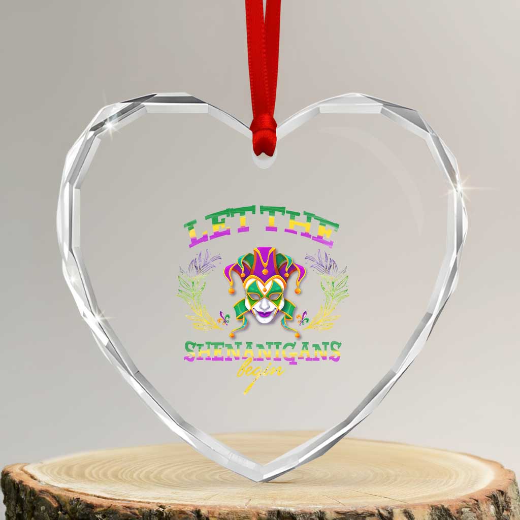 Funny Mardi Gras Heart Crystal Glass Ornament Let The Shenanigans Begin Jester Hat