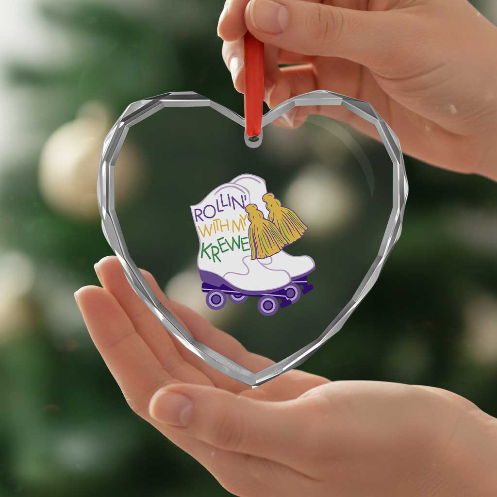 Funny Mardi Gras Heart Crystal Glass Ornament Rollin' With My Krewe Marching Boots Carnival Party