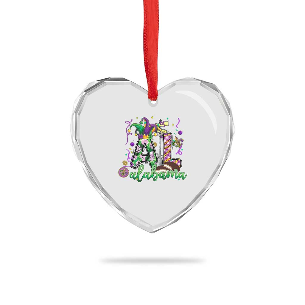 Funny Mardi Gras In Alabama AL Heart Crystal Glass Ornament Moon Pie Jester Hat