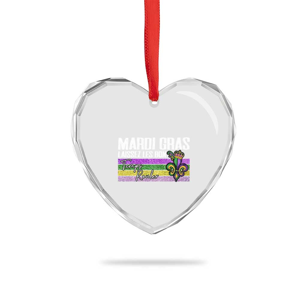 Funny Mardi Gras Laissez Les Bon Temps Rouler Heart Crystal Glass Ornament Fleur De Lis Glitter Print