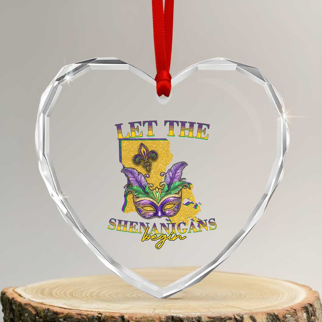 Funny Mardi Gras Let The Shenanigans Begin Heart Crystal Glass Ornament Louisiana Map