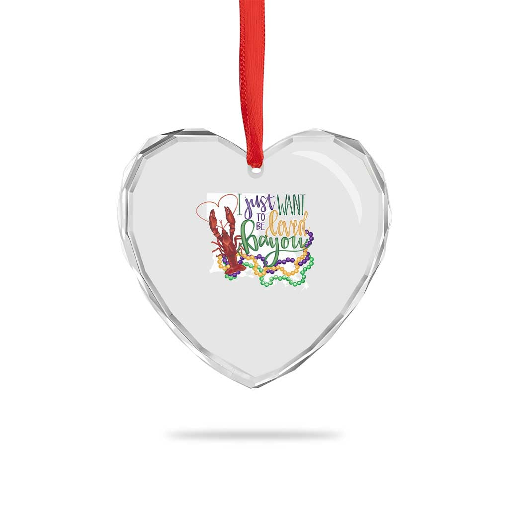 Funny Mardi Gras Louisiana Heart Crystal Glass Ornament I Just Want To Be Loved Bayou Crawfish Beads