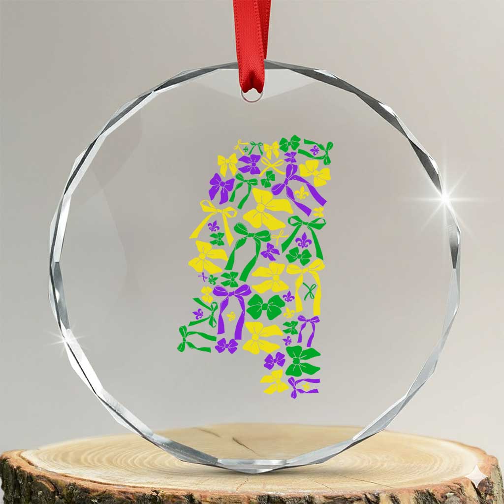 Funny Mardi Gras Mississippi Map Coquette Bow Crystal Glass Ornament