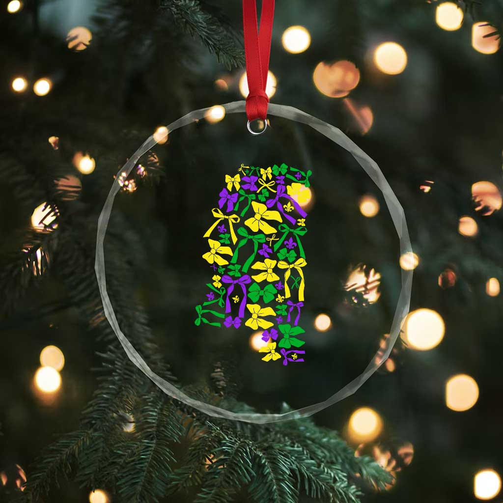 Funny Mardi Gras Mississippi Map Coquette Bow Crystal Glass Ornament
