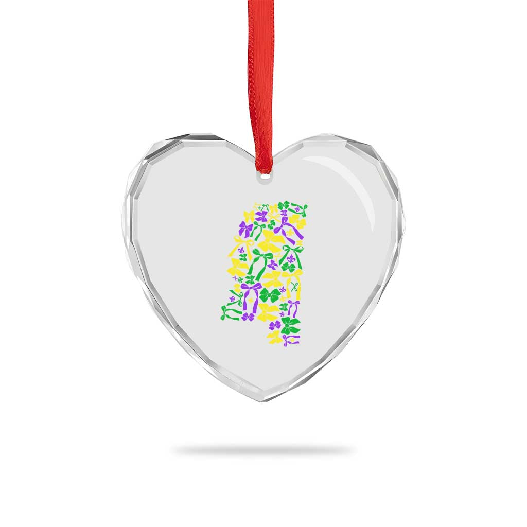 Funny Mardi Gras Mississippi Map Coquette Bow Heart Crystal Glass Ornament