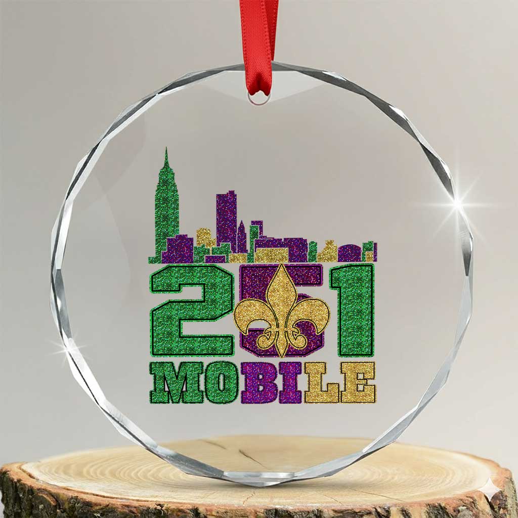 Funny Mardi Gras Mobile Alabama 251 Crystal Glass Ornament Skyline Area Code Glitter Print
