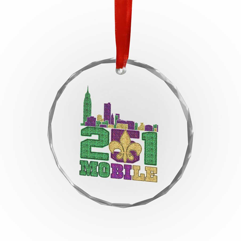 Funny Mardi Gras Mobile Alabama 251 Crystal Glass Ornament Skyline Area Code Glitter Print