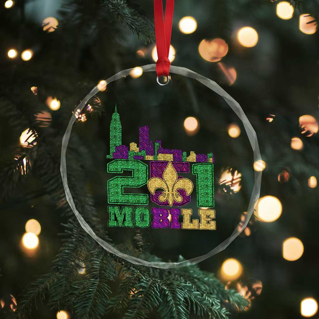 Funny Mardi Gras Mobile Alabama 251 Crystal Glass Ornament Skyline Area Code Glitter Print