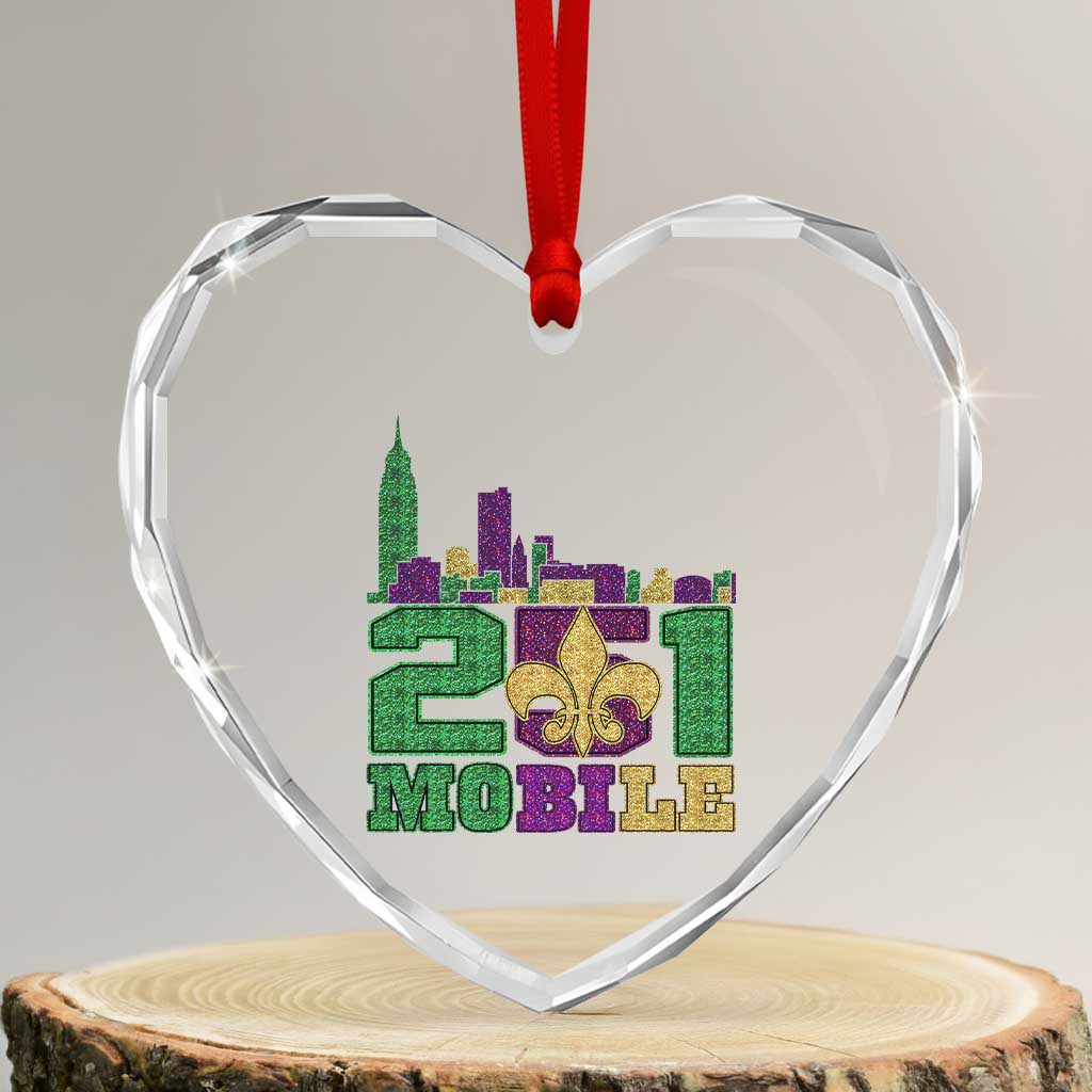 Funny Mardi Gras Mobile Alabama 251 Heart Crystal Glass Ornament Skyline Area Code Glitter Print