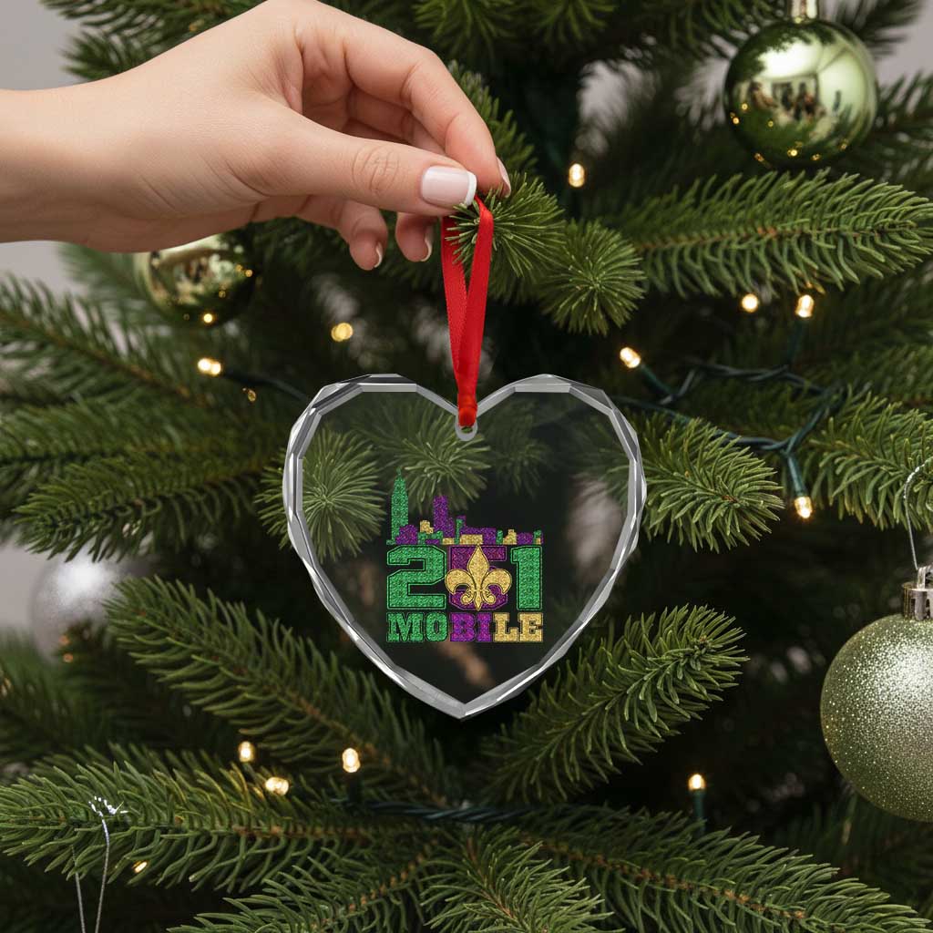 Funny Mardi Gras Mobile Alabama 251 Heart Crystal Glass Ornament Skyline Area Code Glitter Print
