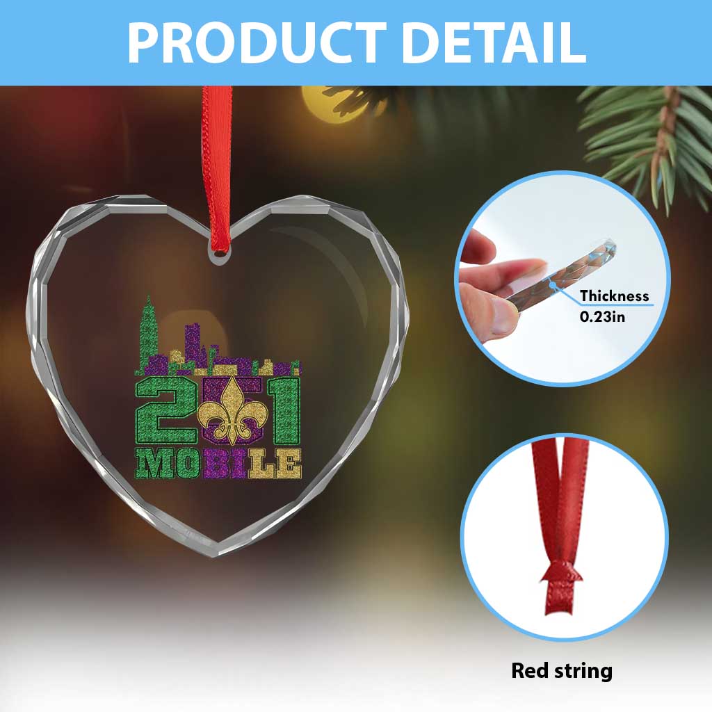 Funny Mardi Gras Mobile Alabama 251 Heart Crystal Glass Ornament Skyline Area Code Glitter Print