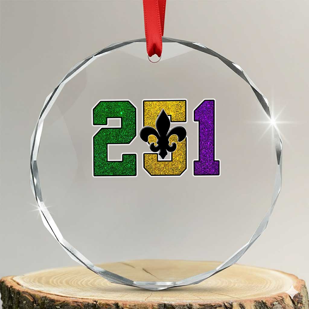 Funny Mardi Gras Mobile Alabama Crystal Glass Ornament 251 Area Code Glitter Print Fleur De Lis