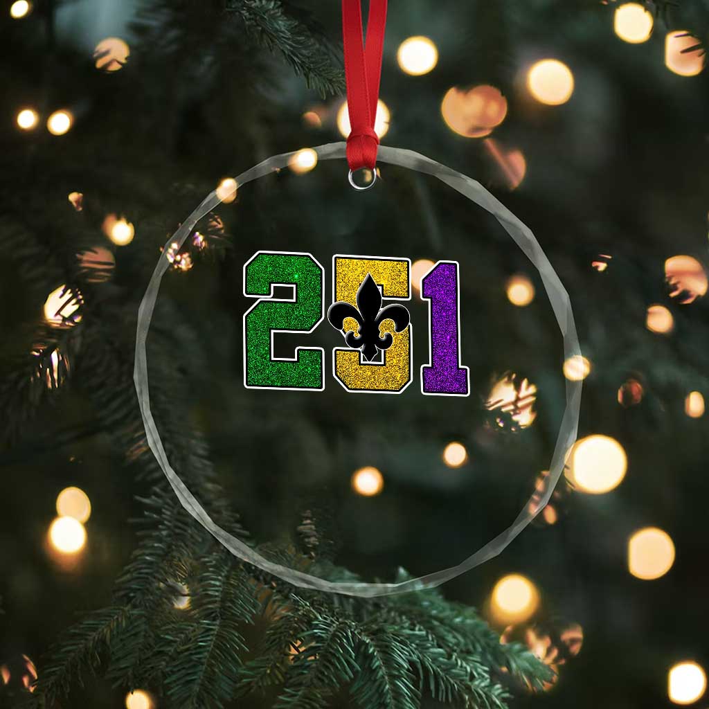Funny Mardi Gras Mobile Alabama Crystal Glass Ornament 251 Area Code Glitter Print Fleur De Lis