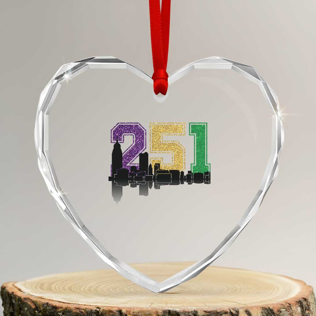 Funny Mardi Gras Mobile Alabama Heart Crystal Glass Ornament 251 Skyline Area Code Glitter Print