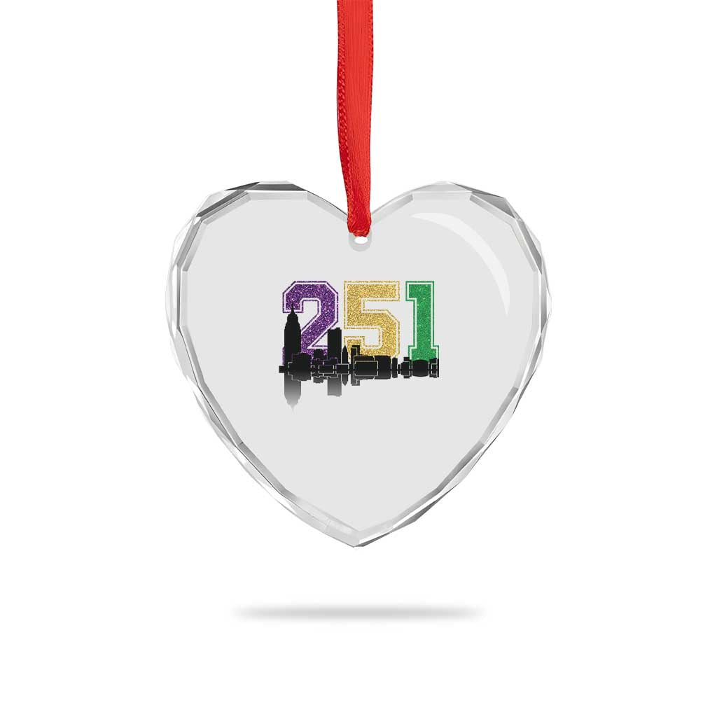 Funny Mardi Gras Mobile Alabama Heart Crystal Glass Ornament 251 Skyline Area Code Glitter Print