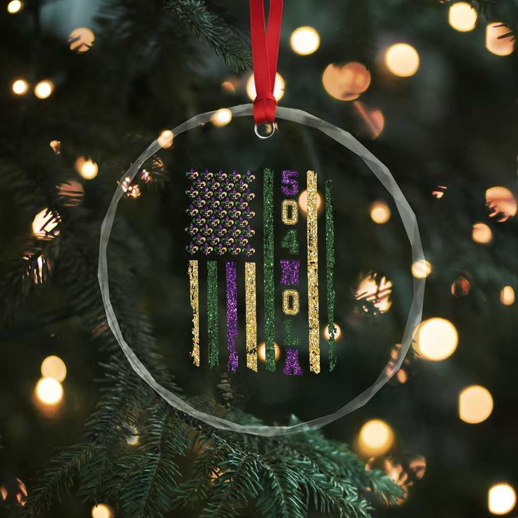 Funny Mardi Gras New Orleans Louisiana Crystal Glass Ornament 504 Nola Area Code Glitter Print American Flag