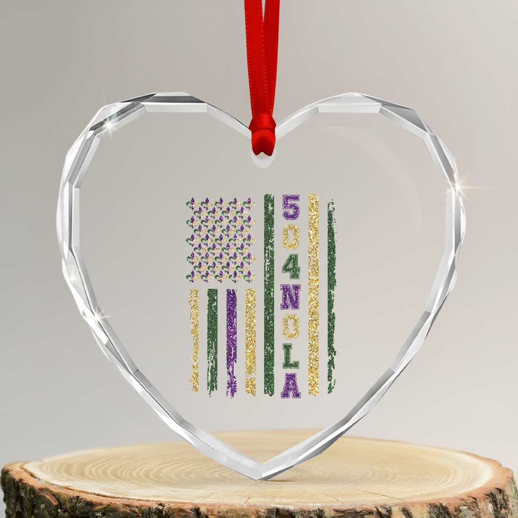 Funny Mardi Gras New Orleans Louisiana Heart Crystal Glass Ornament 504 Nola Area Code Glitter Print American Flag